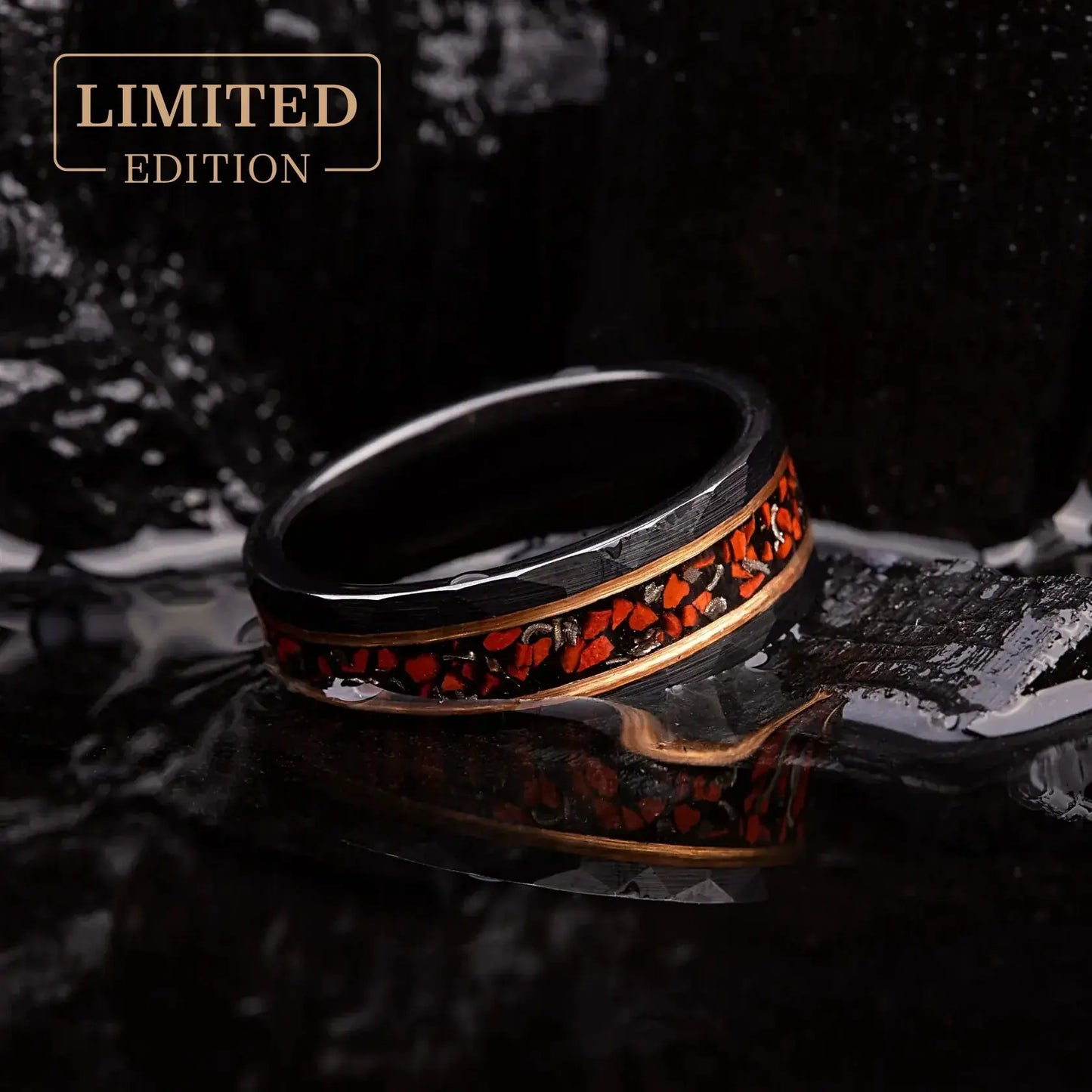 Black hammered tungsten ring with dinosaur bones and meteorite