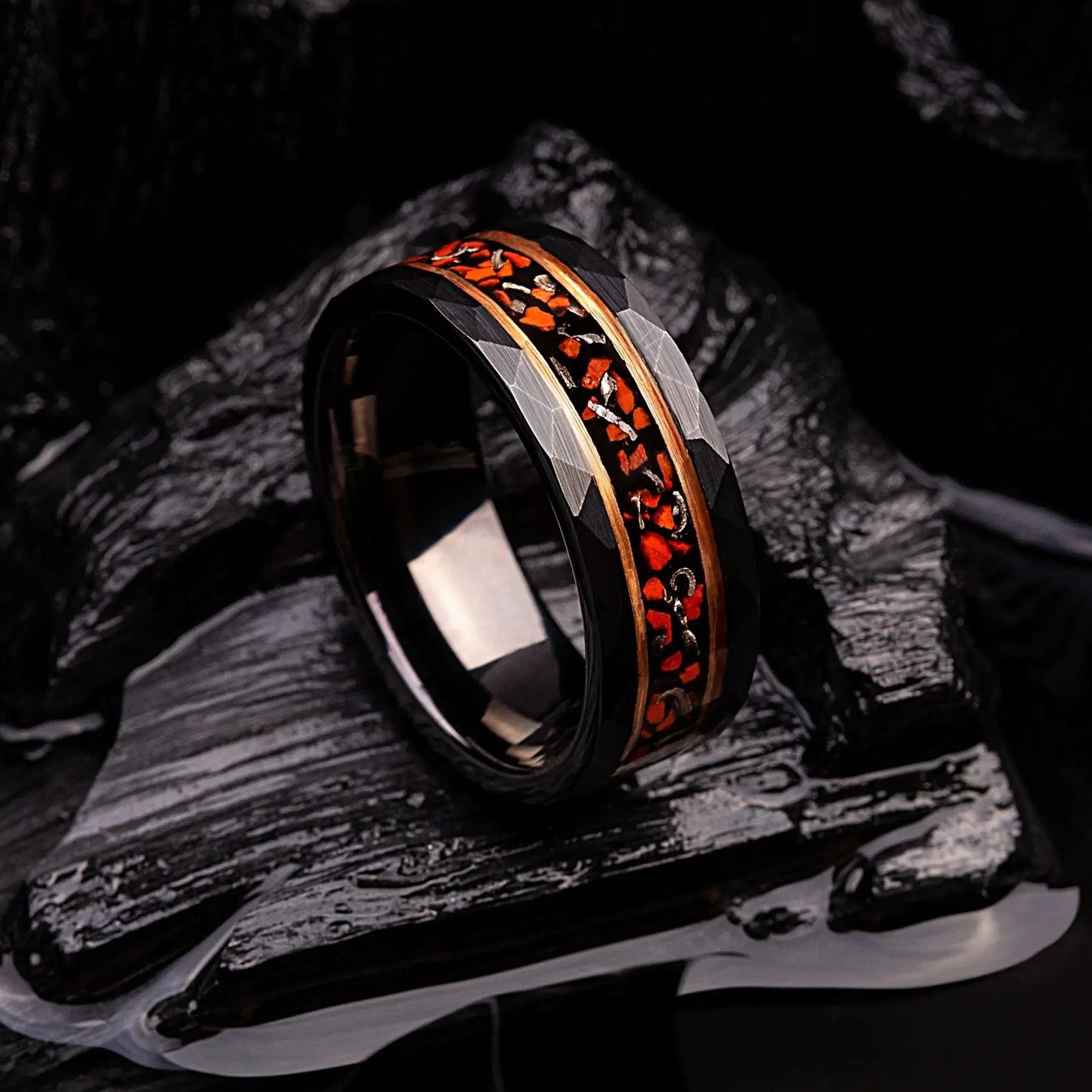 Black hammered tungsten ring with dinosaur bones and meteorite