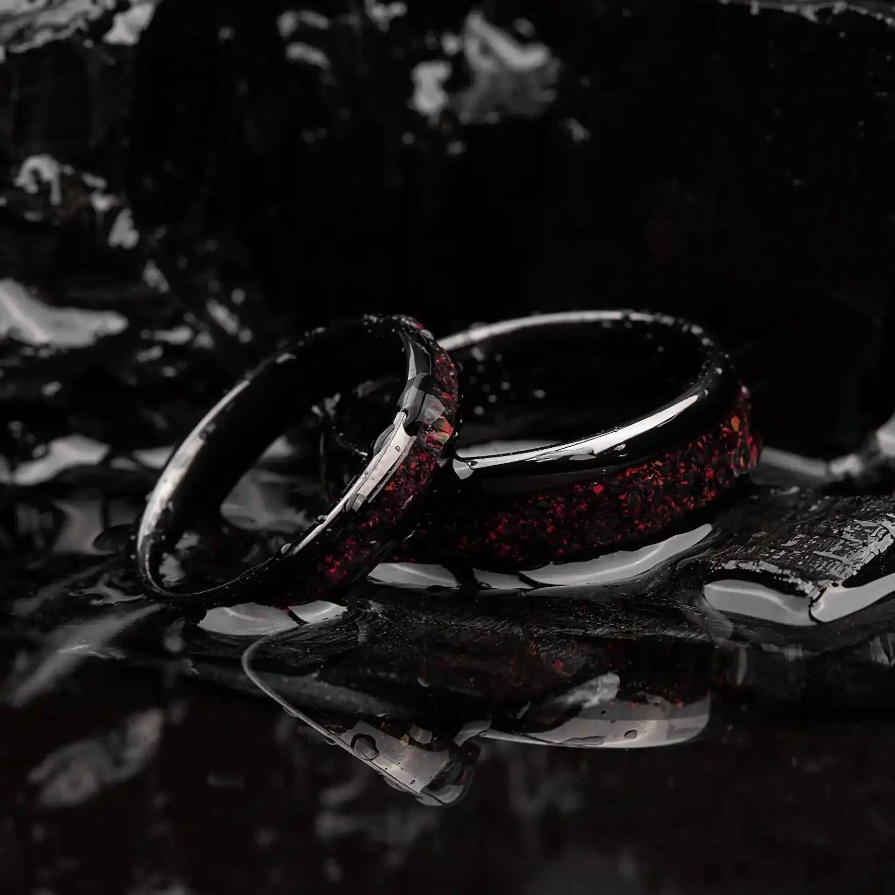 Inferna set — Fire Opal Couple Rings – Tungsten Matching Bands