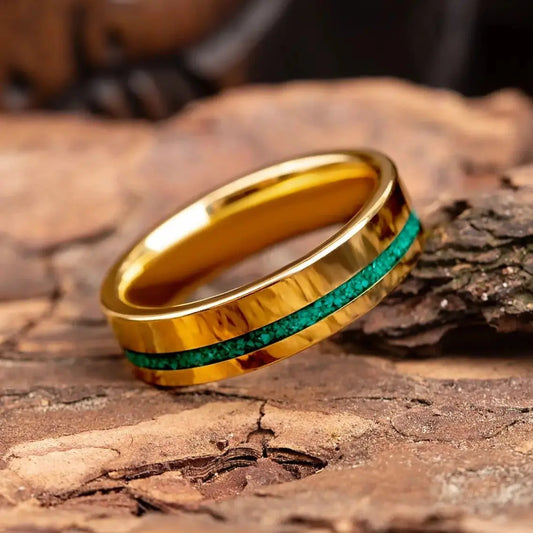 Elegant Malachite and Gold Tungsten Ring featuring a vibrant green malachite inlay and polished gold finish, perfect as a wedding band or daily wear.