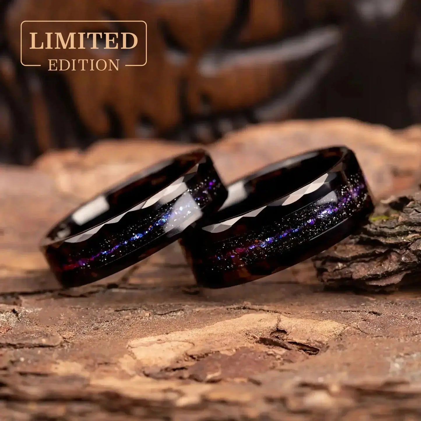 Hammered tungsten ring set for couples with opal and meteorite