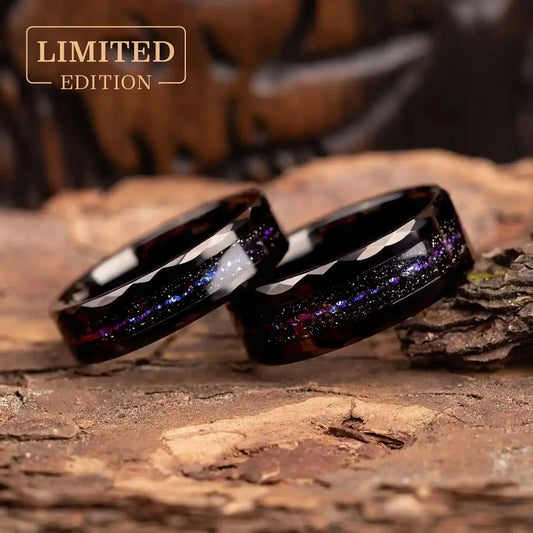 Hammered tungsten ring set for couples with opal and meteorite