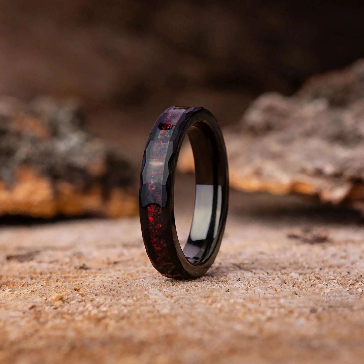 Ring with a wooden texture on a rustic wooden surface