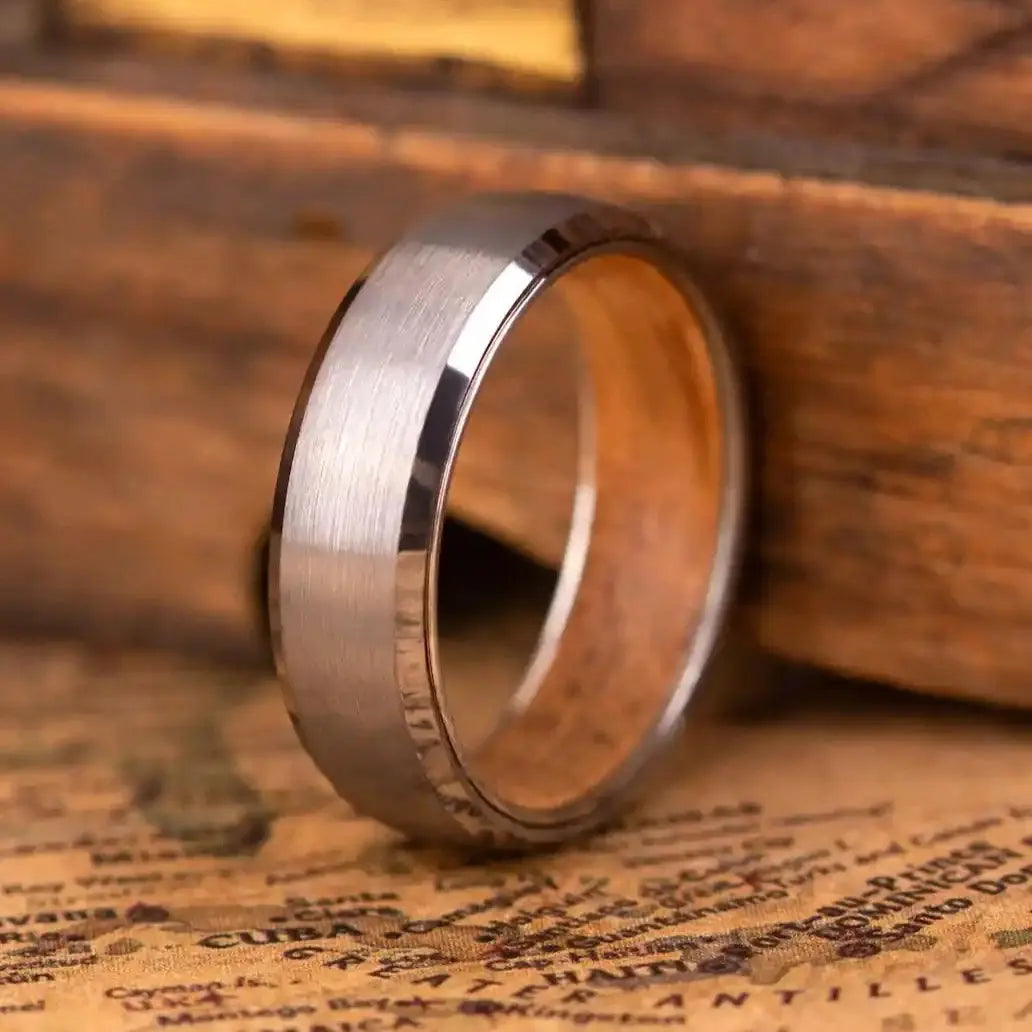 4mm silver brushed tungsten ring with whiskey barrel oak wood inlay