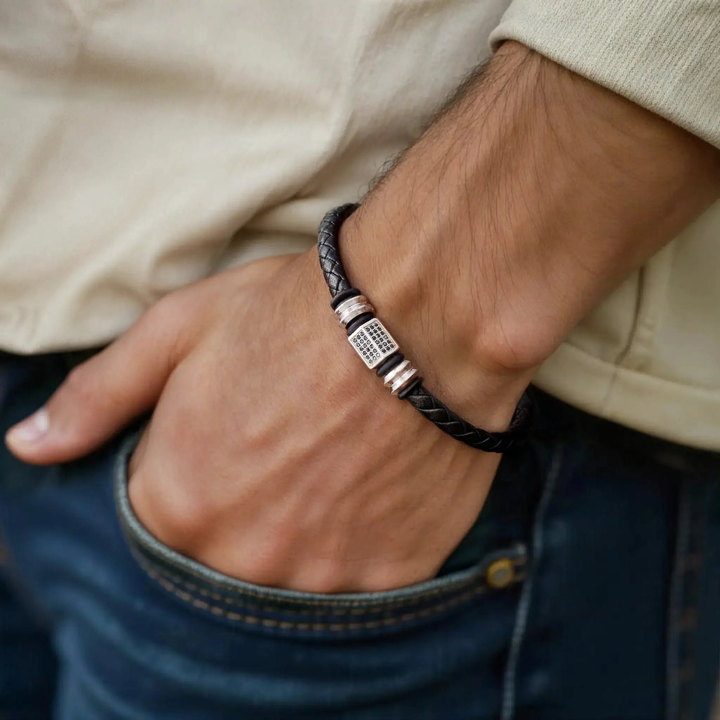 Titanium & Leather man's bracelet Japanese Melody