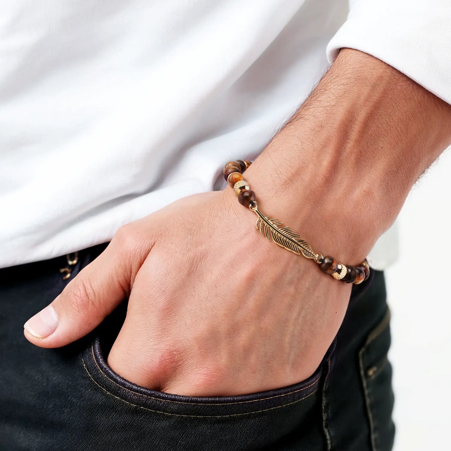 Tiger's eye feather man's bracelet