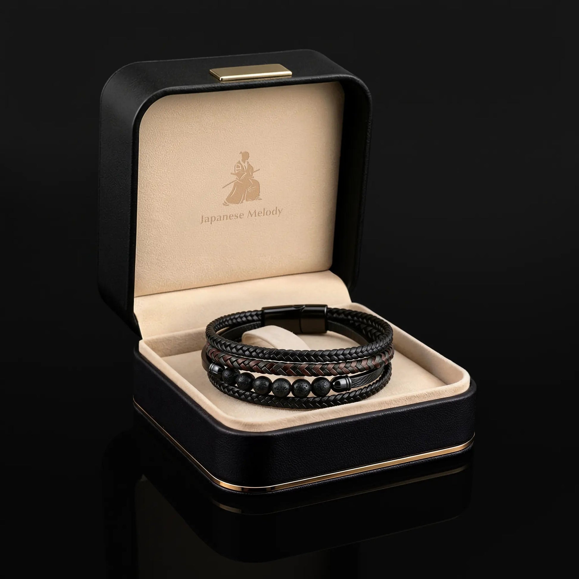 Triple Italian Leather Japanese Bracelet Black - Unique Gift for