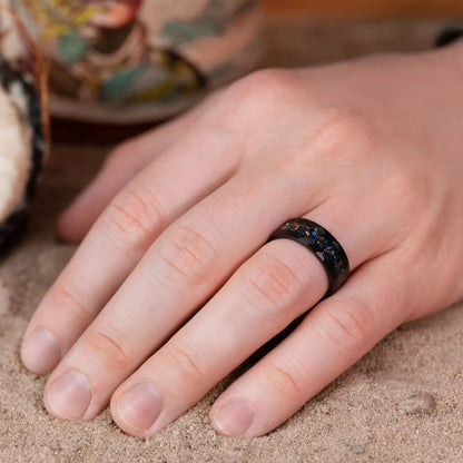 Ring made of Galaxy Opal & Meteorite on a man hand. Band width 8 mm