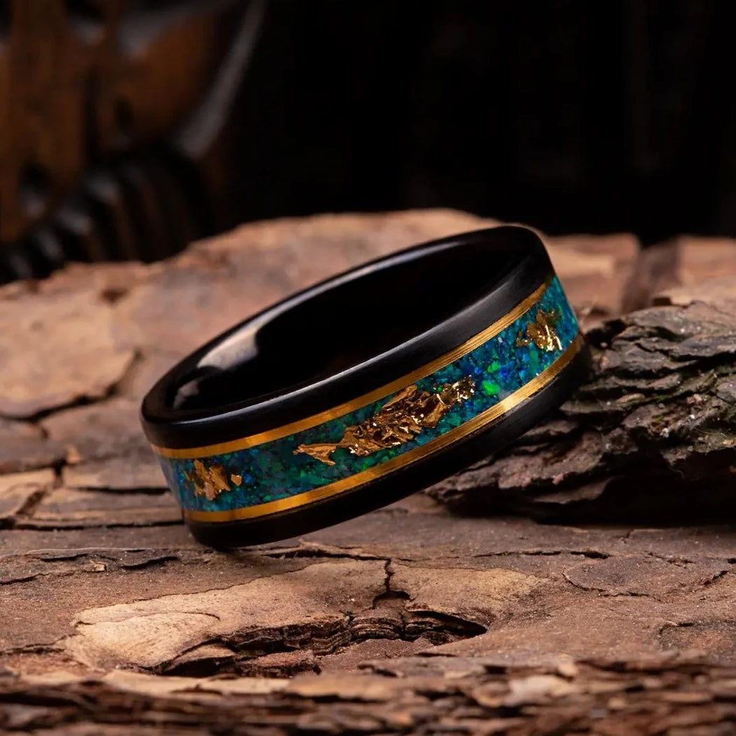 Black polished tungsten ring with malachite and gold