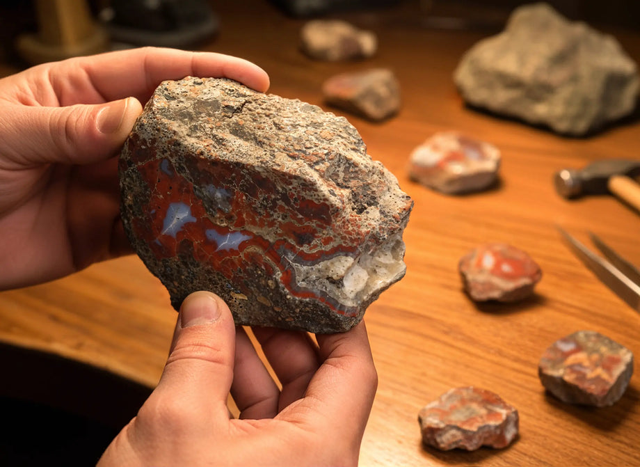 Person holding a large rock with colorful patterns on a wooden surface with other rocks.