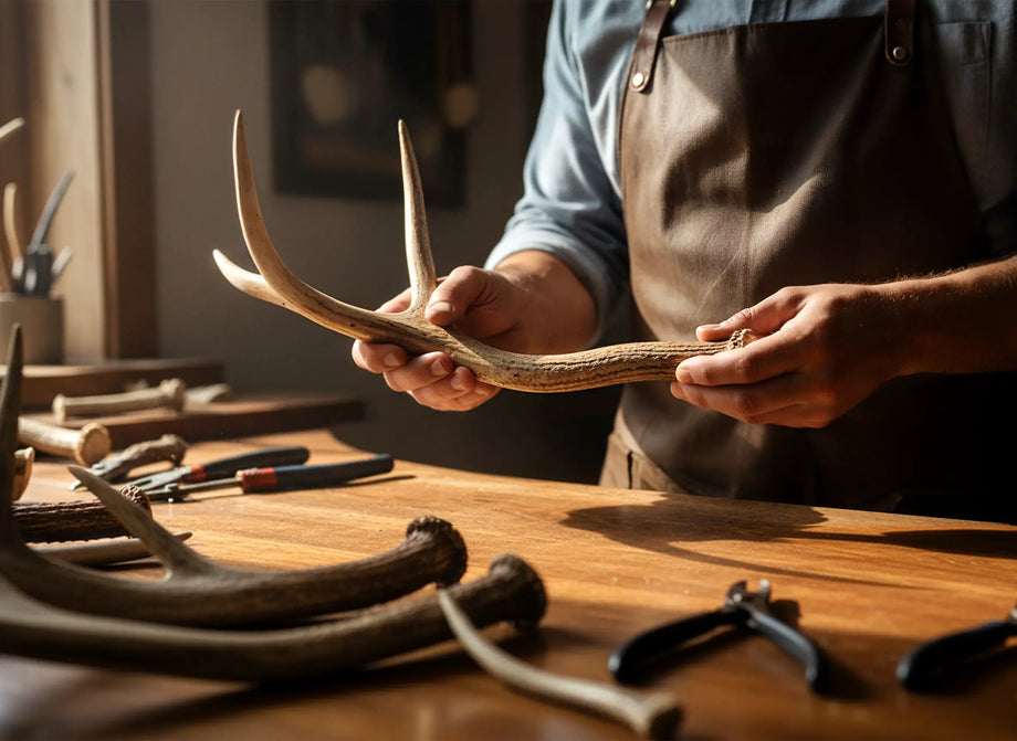 Person holding a large antler with tools on a wooden table