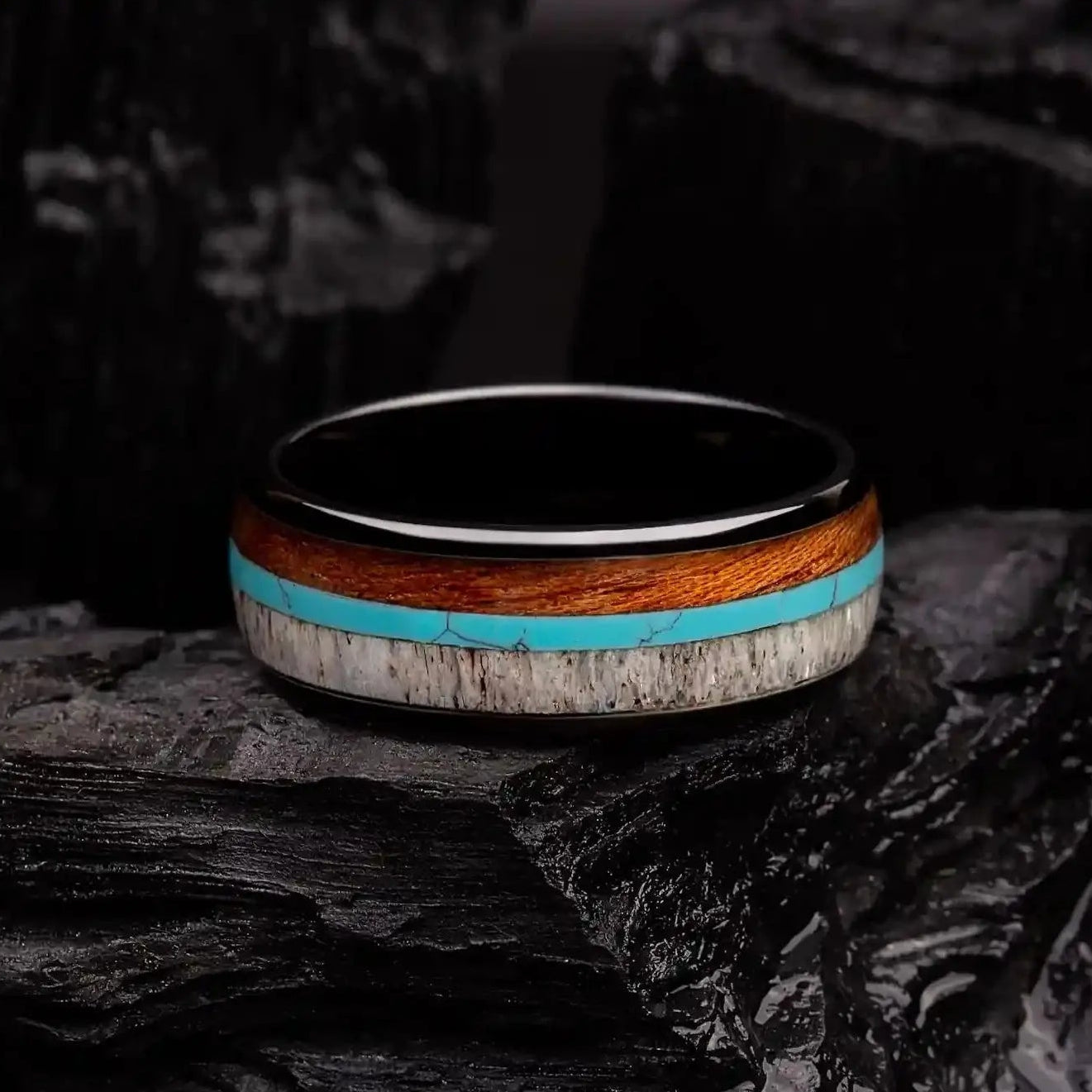 Antler & Turquoise Ring - Unique Handmade Jewelry - Black Tungsten Antler & Turquoise Ring - Unique Handmade Jewelry - Black Tungsten