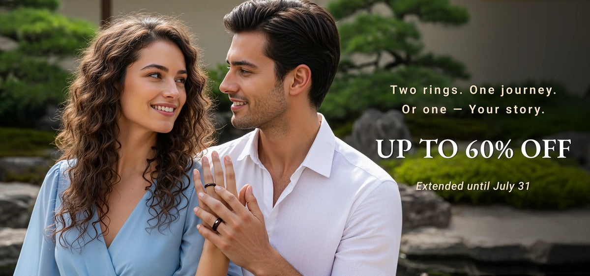 Couple holding hands with wedding rings, surrounded by nature, with promotional text overlay.