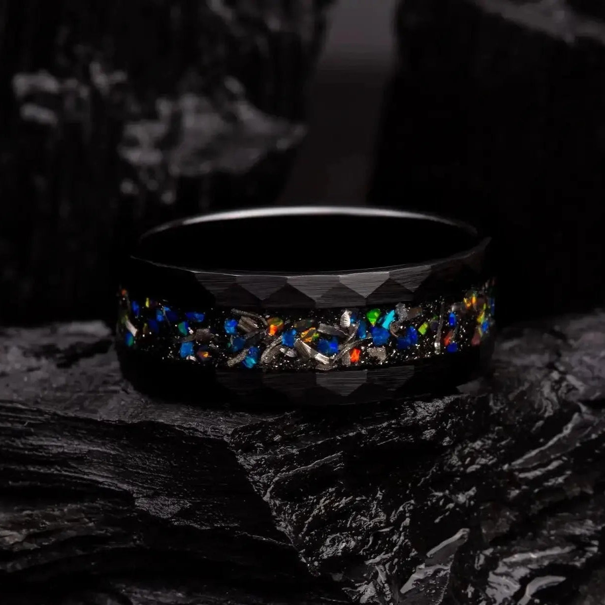 Aion: Galaxy Opal and Meteorite Ring - Black Tungsten Wedding Band Aion: Galaxy Opal and Meteorite Ring - Black Tungsten Wedding Band