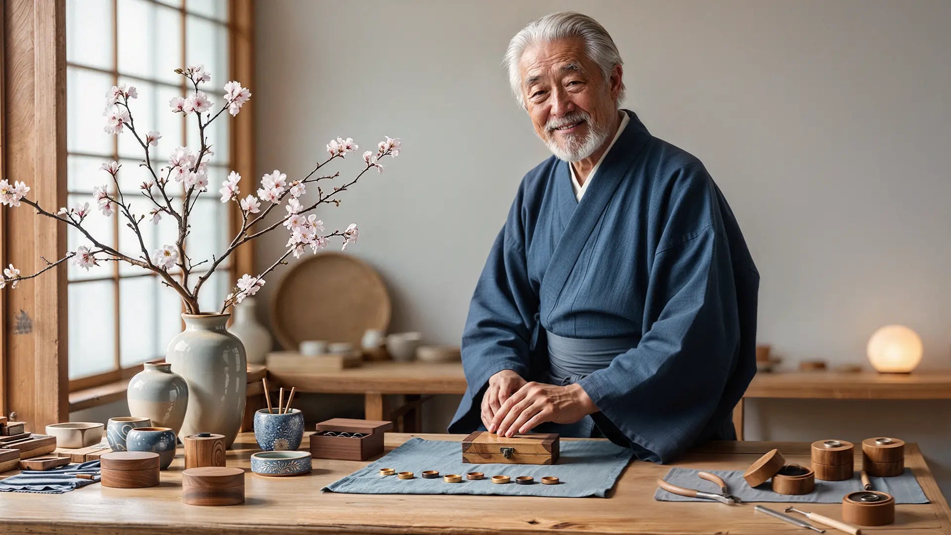 Man in traditional attire sitting at a wooden table with tea items and cherry blossoms.