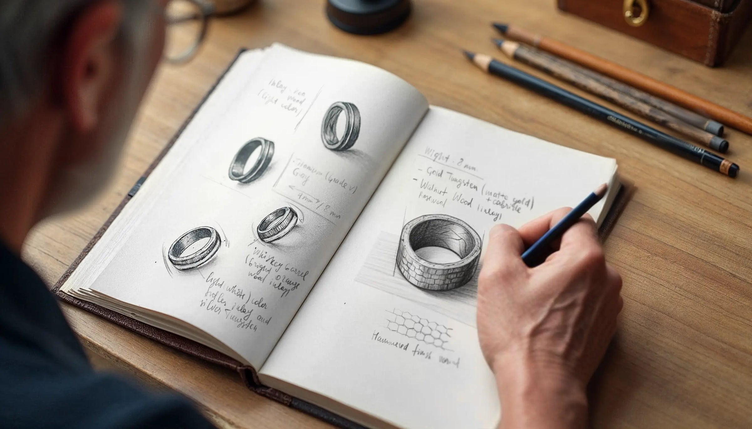 Mykyta jewelry creator drawing sketch for the future ring design