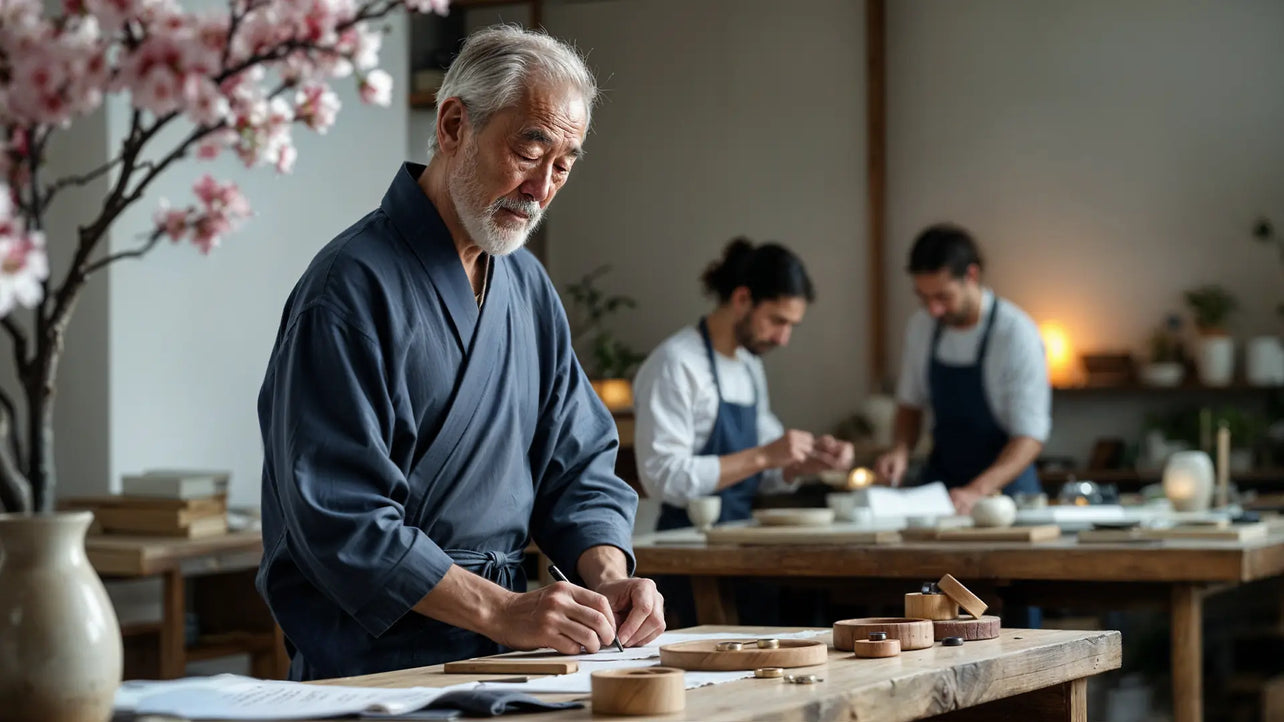 Man in a blue kimono working at a wooden table with another person in the background.