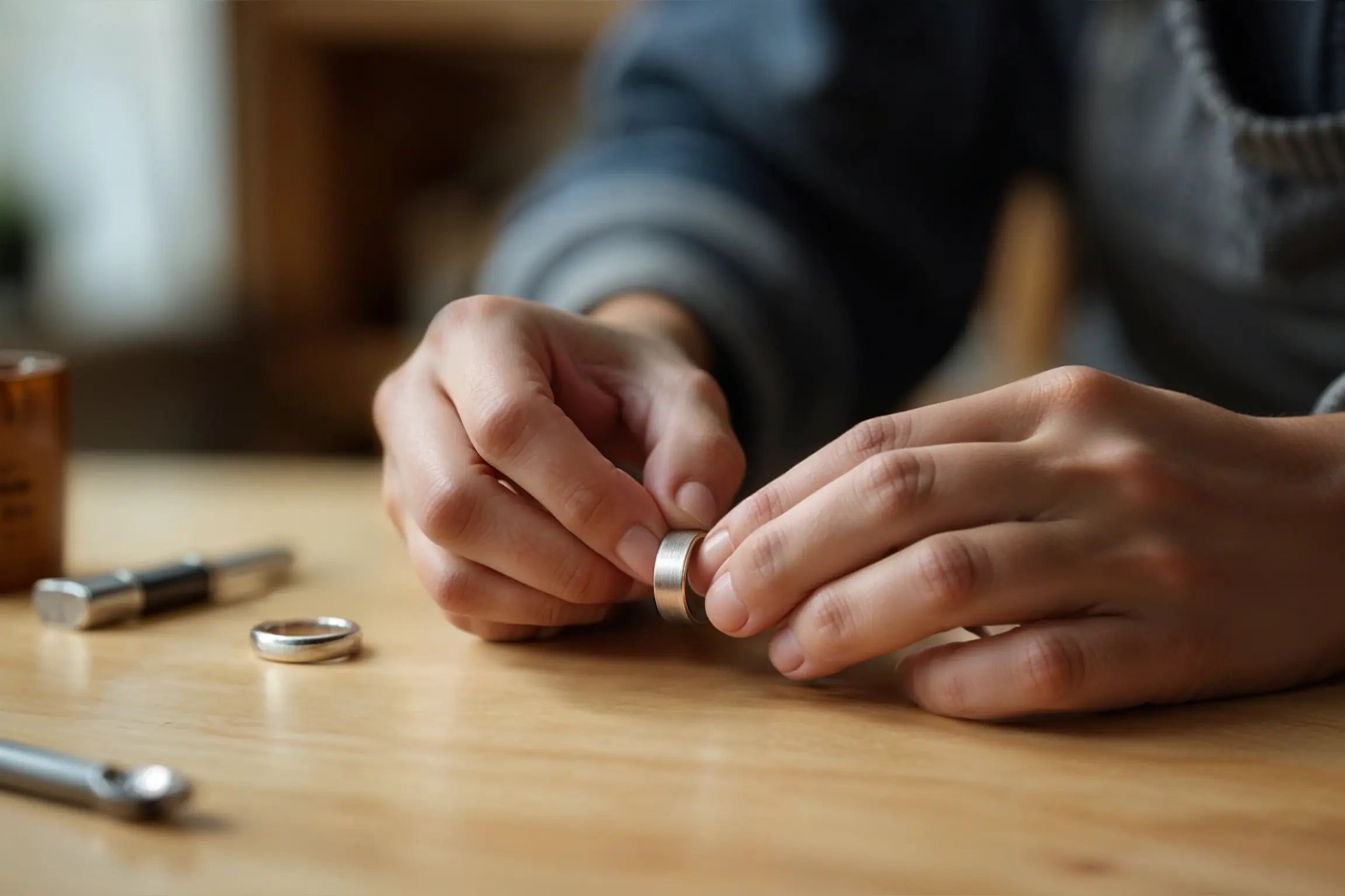 Silver tungsten ring in hands of a man