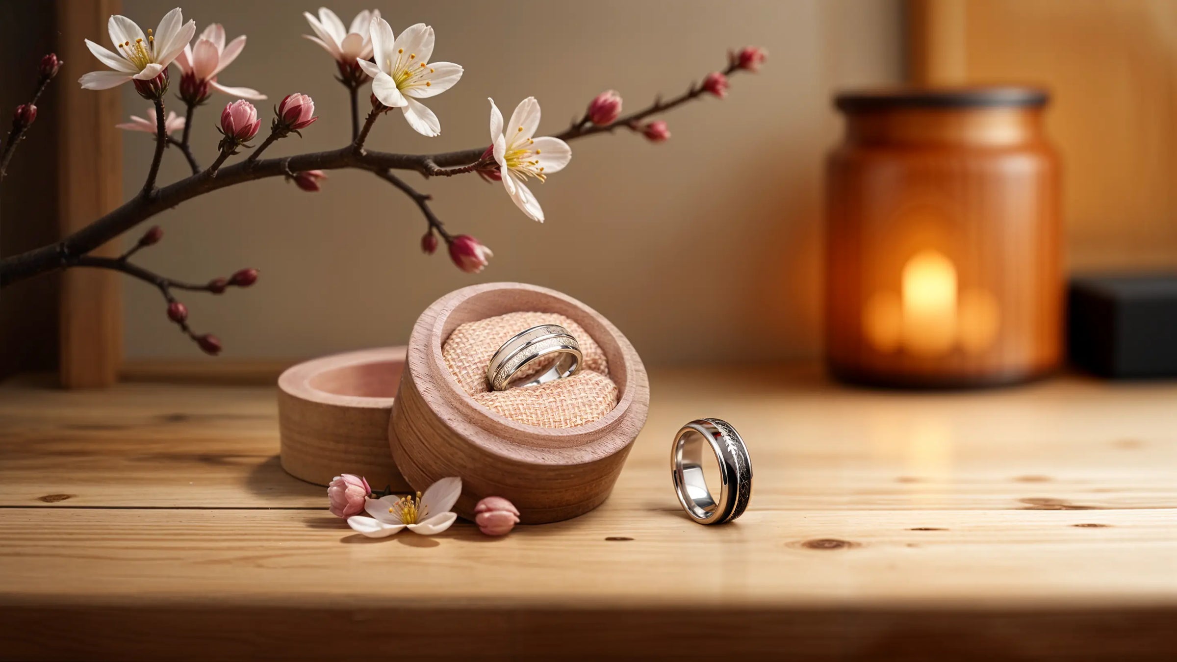 two silver tungsten rings with meteorite in the round wooden box