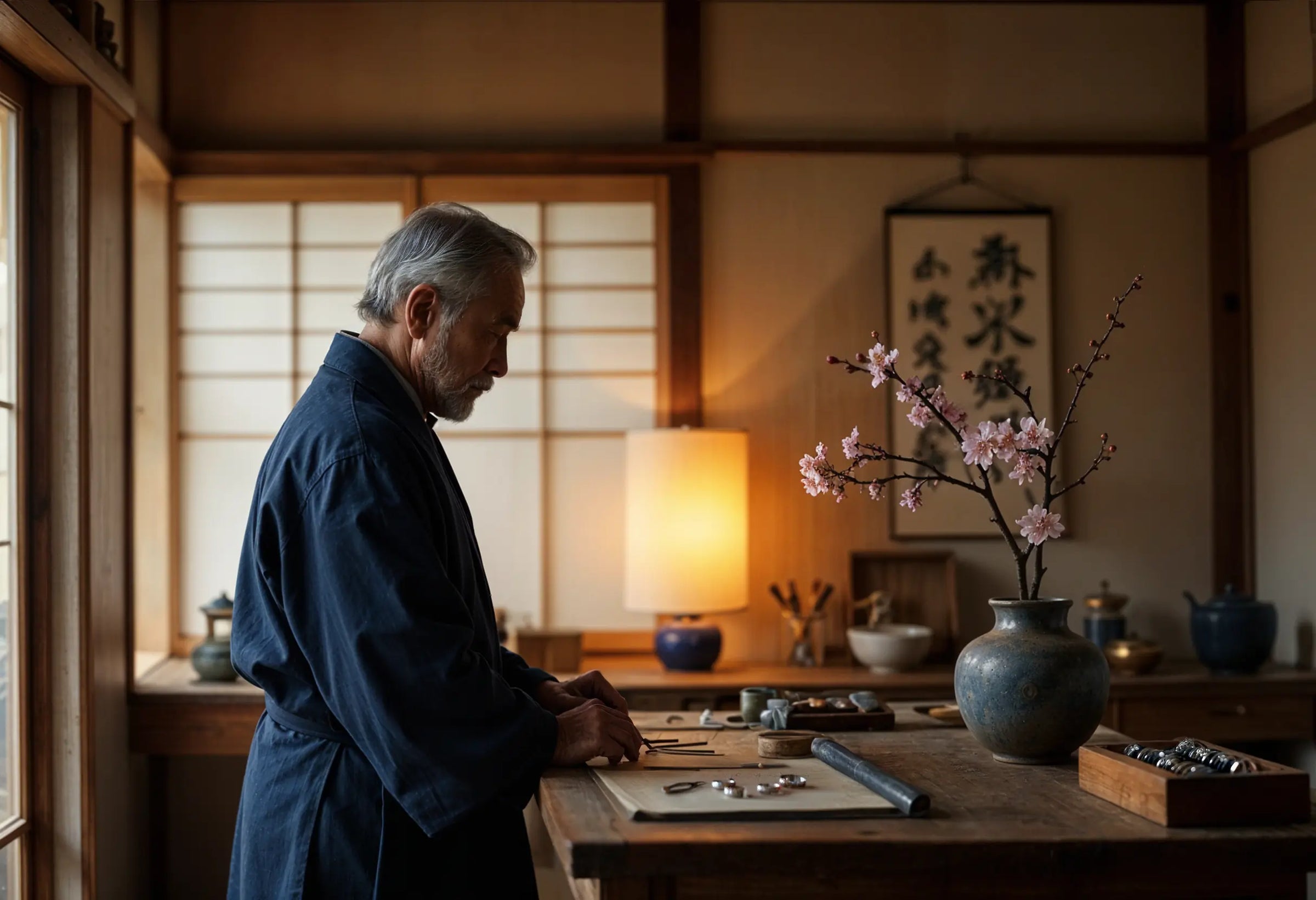Mykyta jewelry creator at the table with handcrafted rings checking the quality of the products
