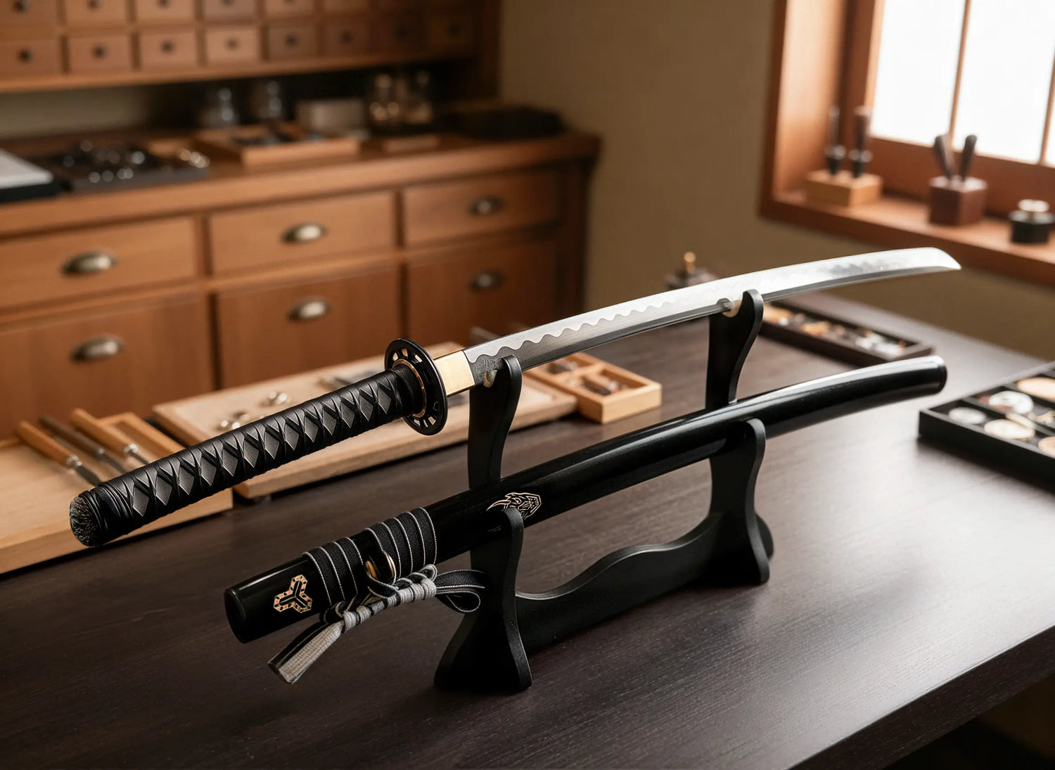 Two samurai swords on a wooden surface with a kitchen in the background