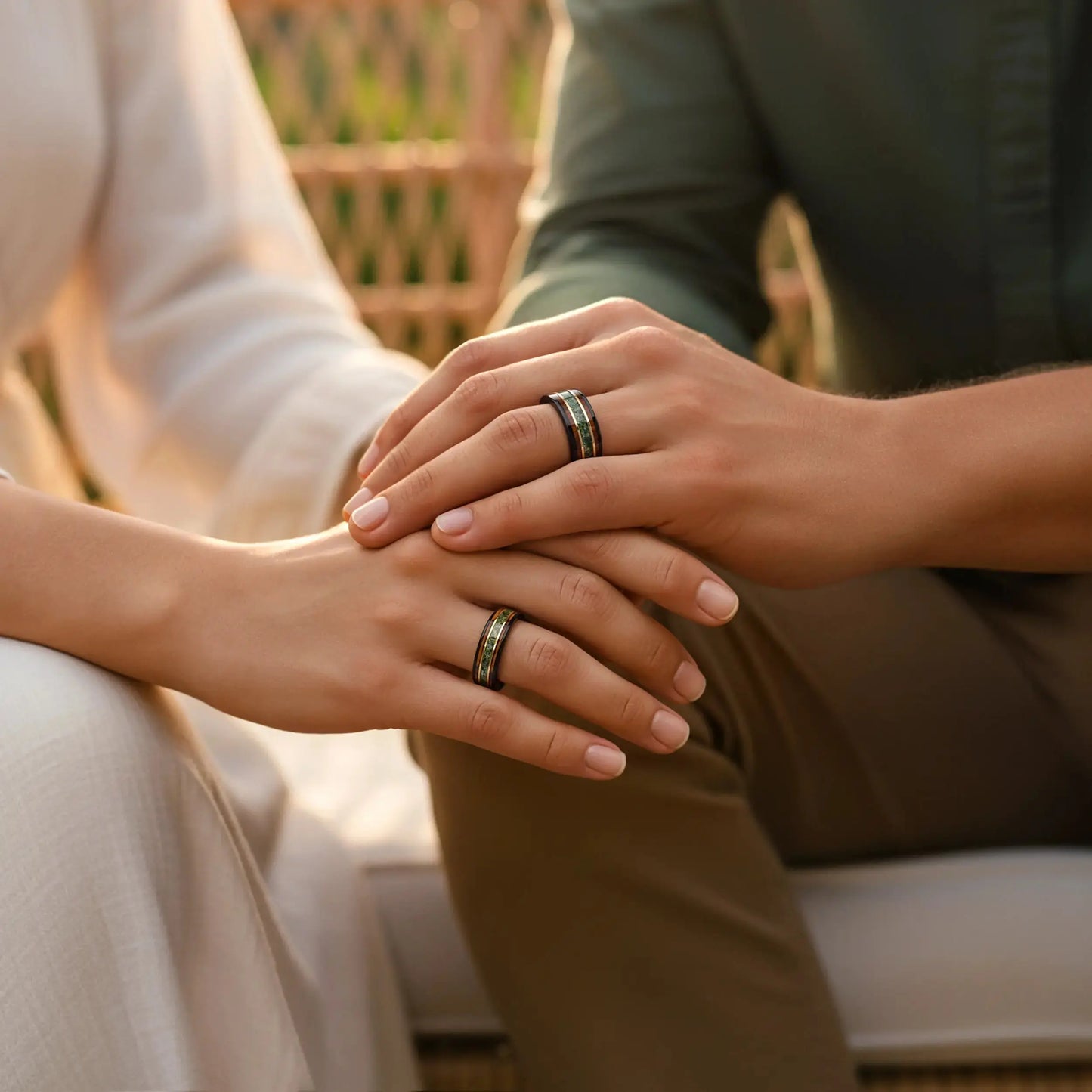 Close-up of two hands holding each other with a blurred background