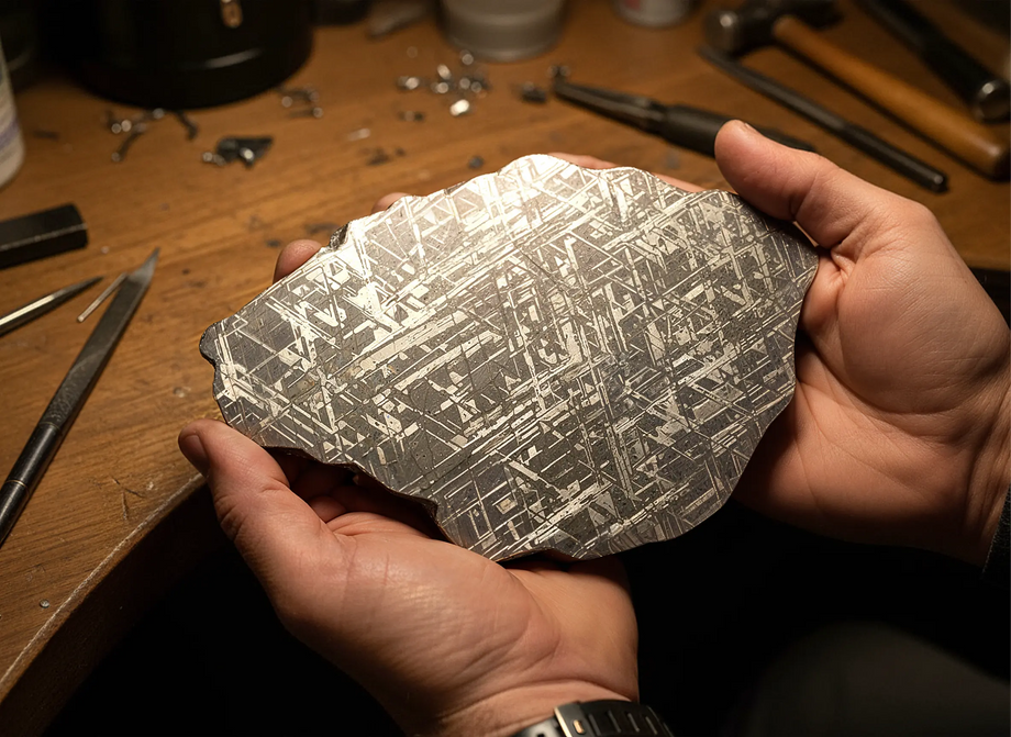 Person holding a large metallic meteorite with tools and materials on a wooden surface in the background