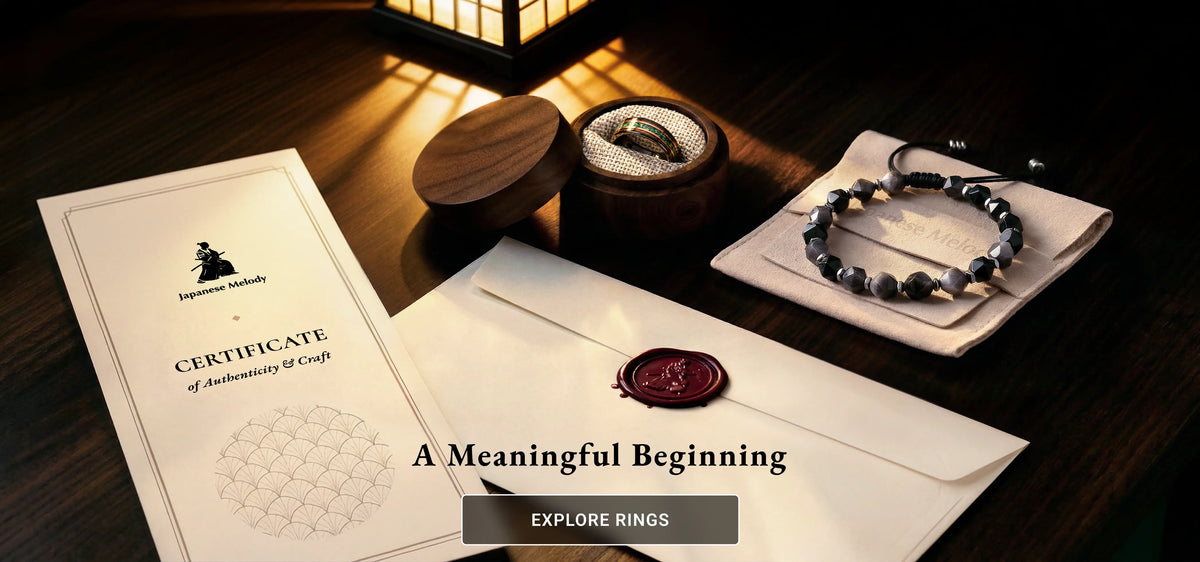 Jewelry set with a certificate on a wooden surface, featuring a ring, bracelet, and necklace.