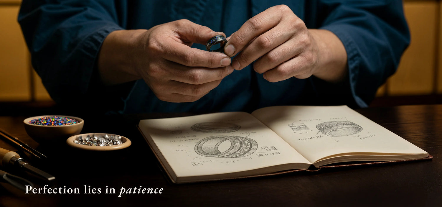 Person holding a small object next to an open book with illustrations on a wooden surface.