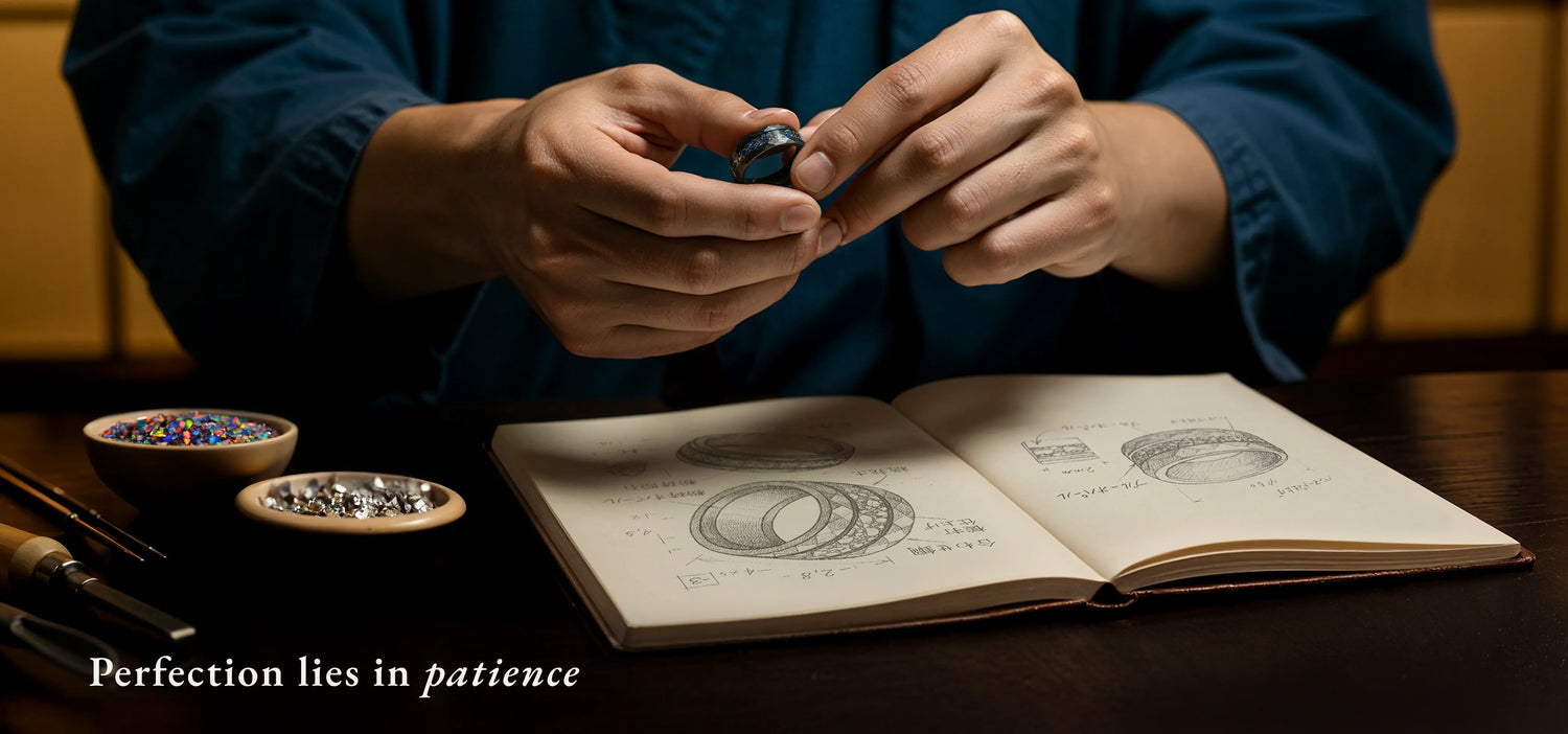 Person working on a small object with an open book displaying illustrations on a wooden surface.