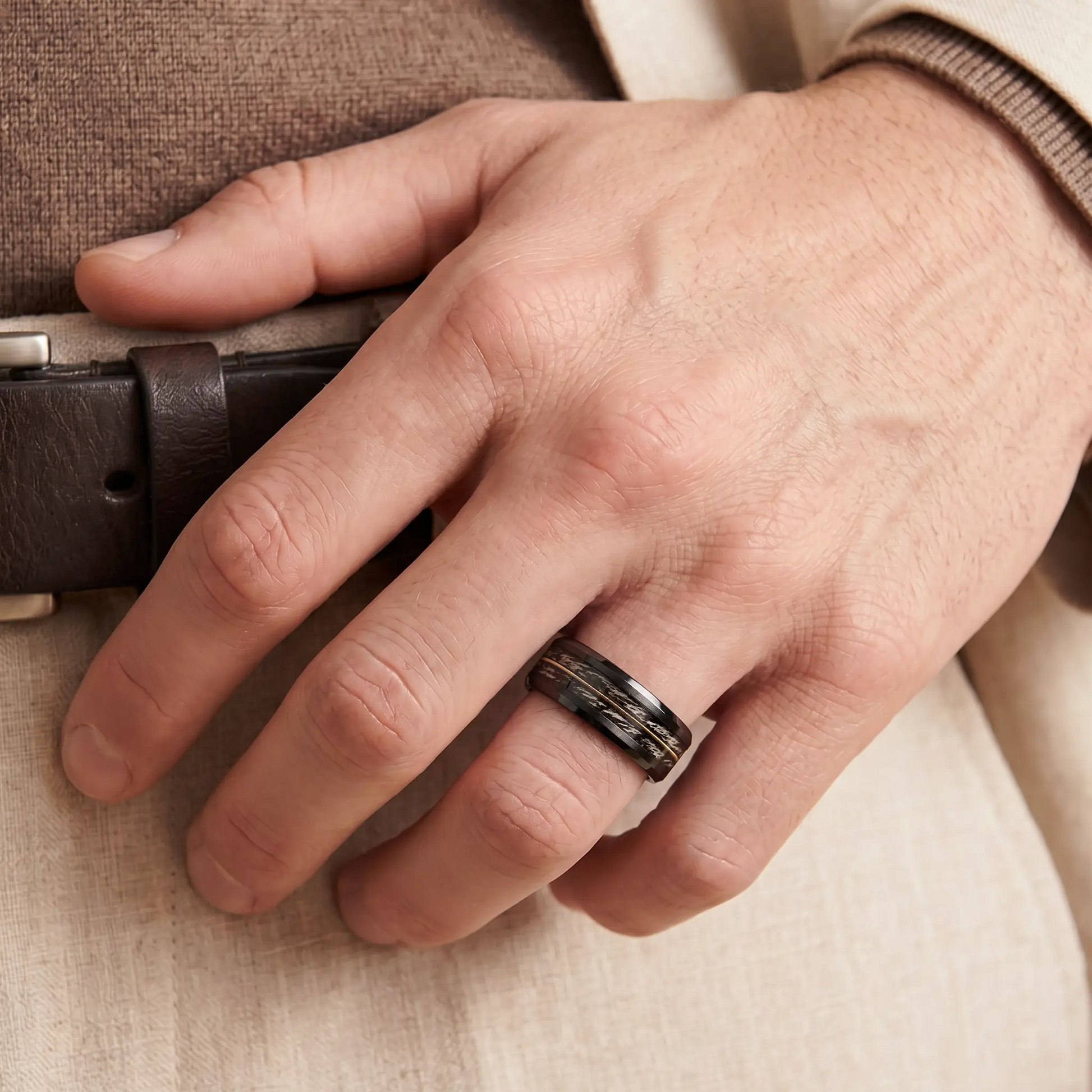 Gray Oak & Guitar String Japanese Ring - Unique Handmade Wedding