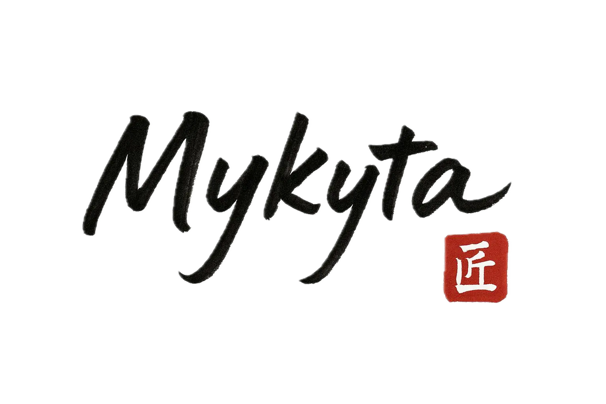 Mykyta logo with black text and red stamp on a white background