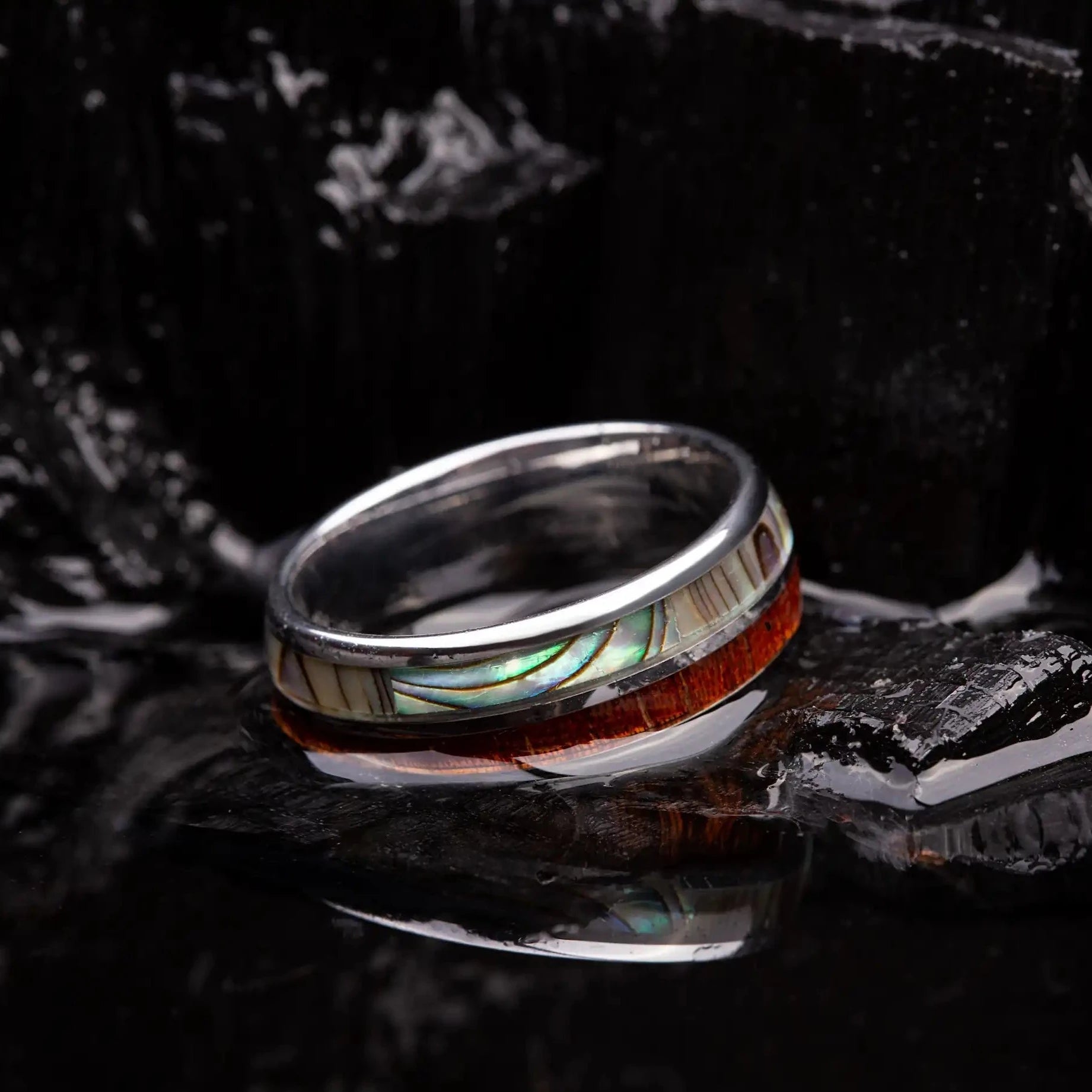 Brushed silver tungsten ring with abalone shell and koa wood