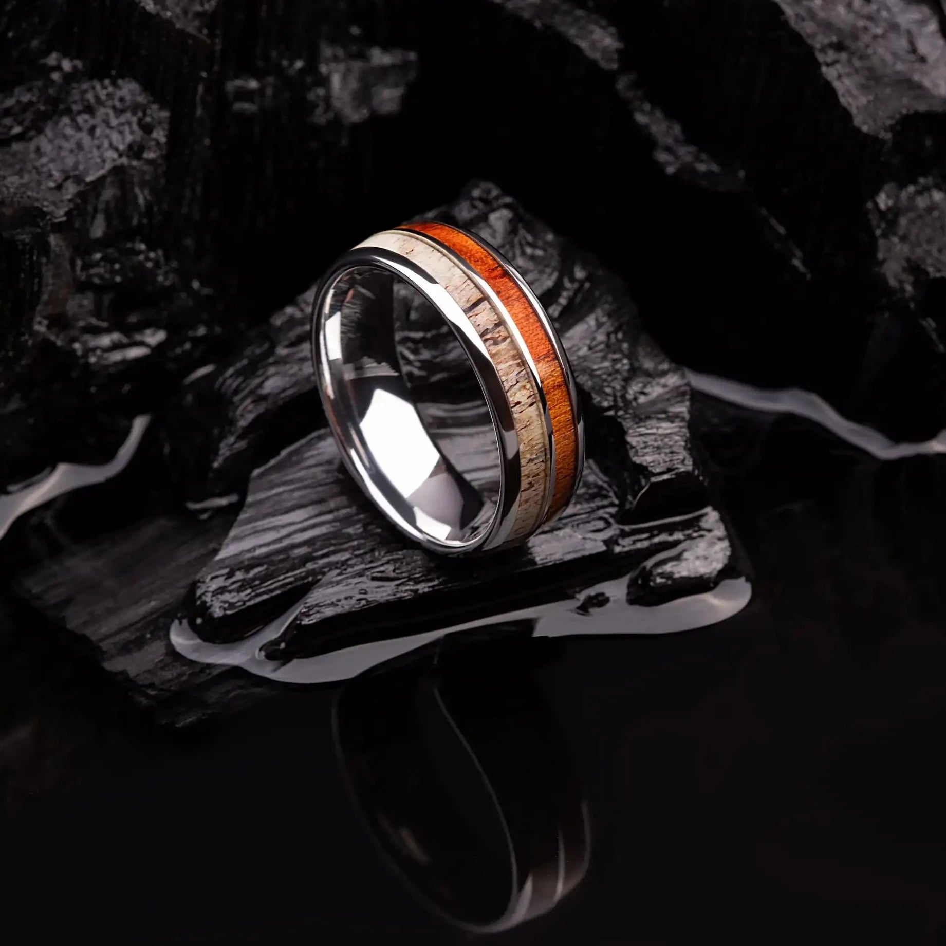 Silver brushed tungsten ring with deer antler and whiskey barrel oak wood