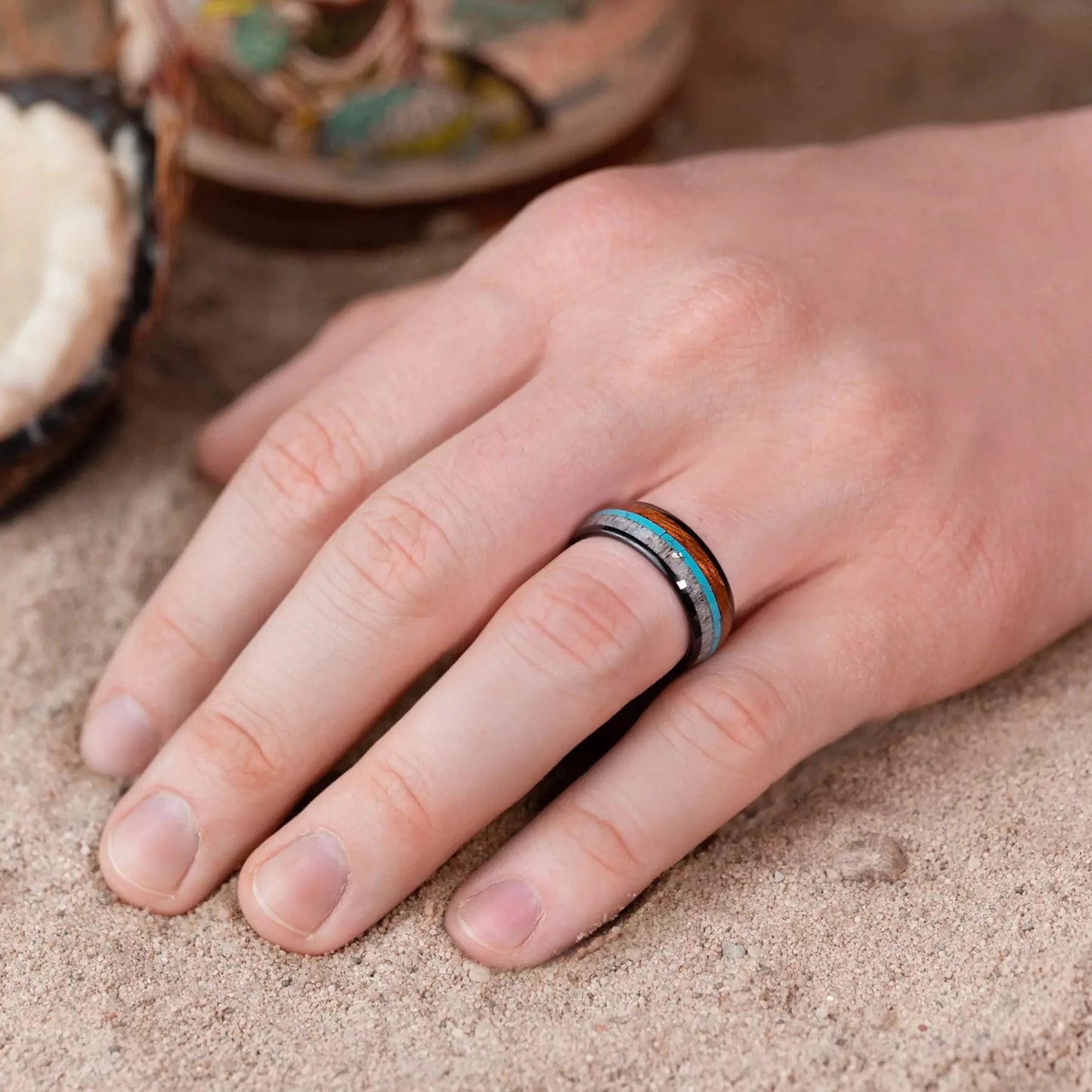 Ring made of Oak Wood & Antler & Turquoise on a man hand