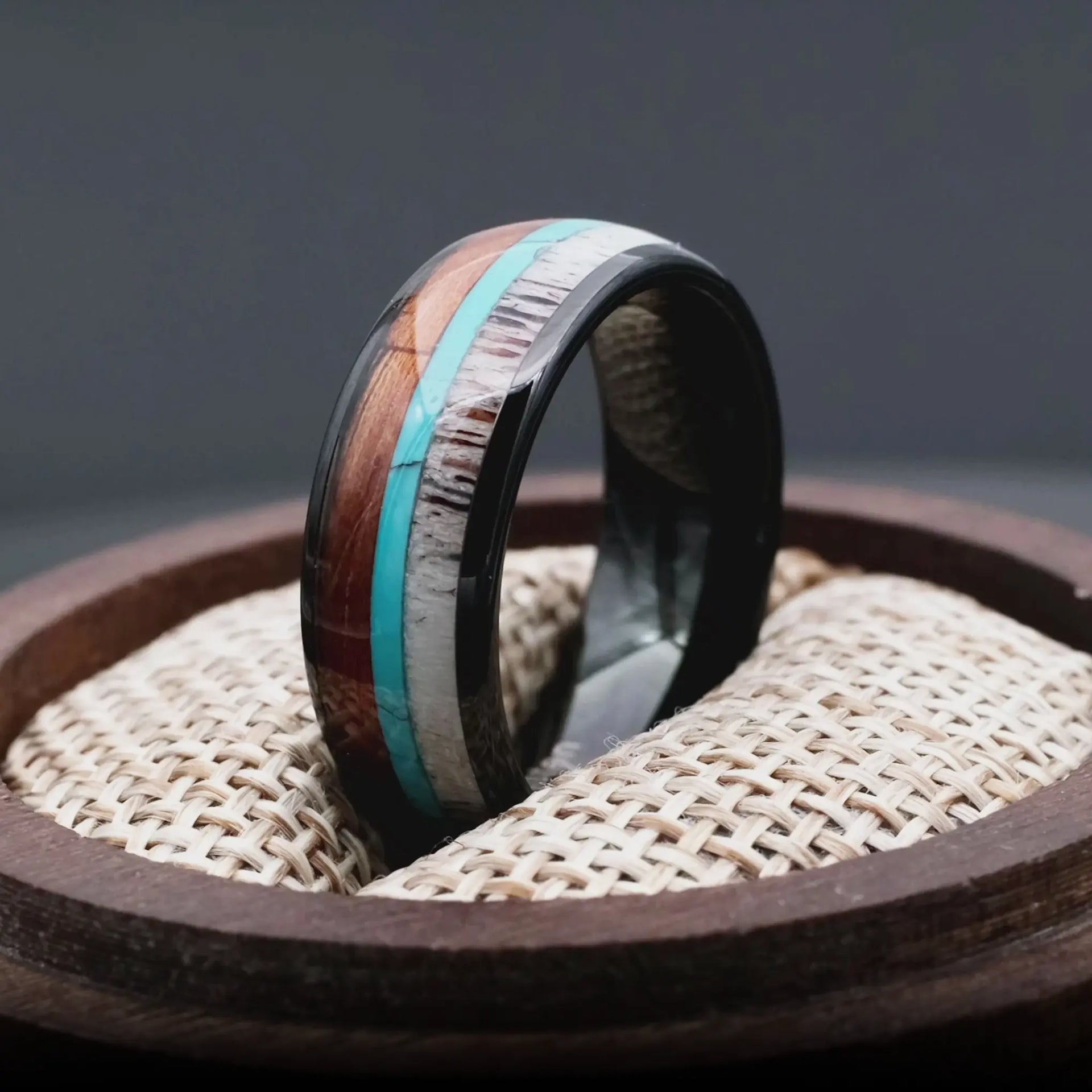 Black tungsten ring with blue turquoise, oak wood and deer antler