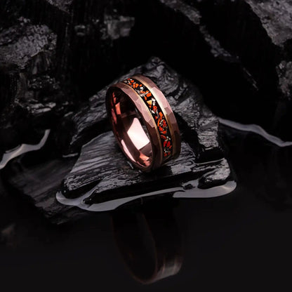 Brown hammered tungsten ring with dinosaur bones and meteorite