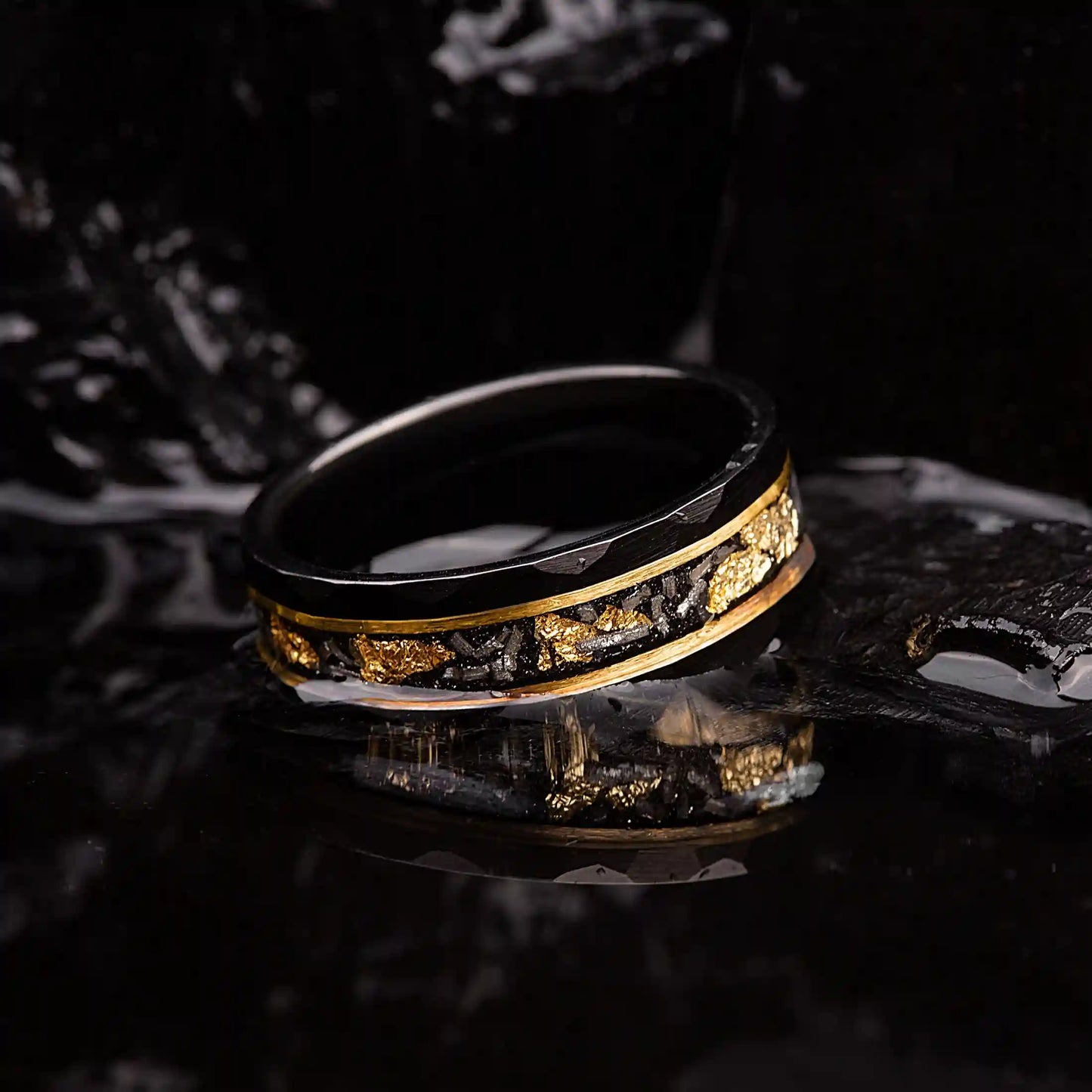 Black hammered tungsten ring with gold and meteorite