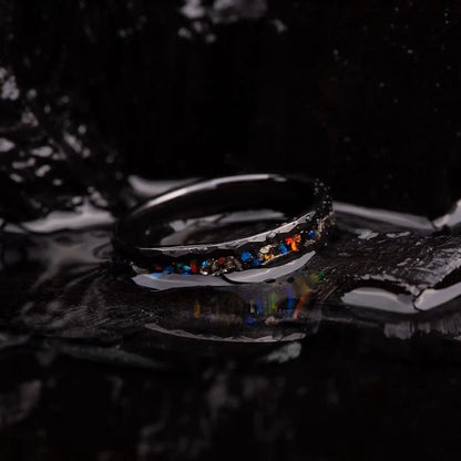 4mm black hammered tungsten ring with blue opal and meteorite