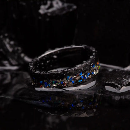 8mm black hammered tungsten ring with blue opal and meteorite