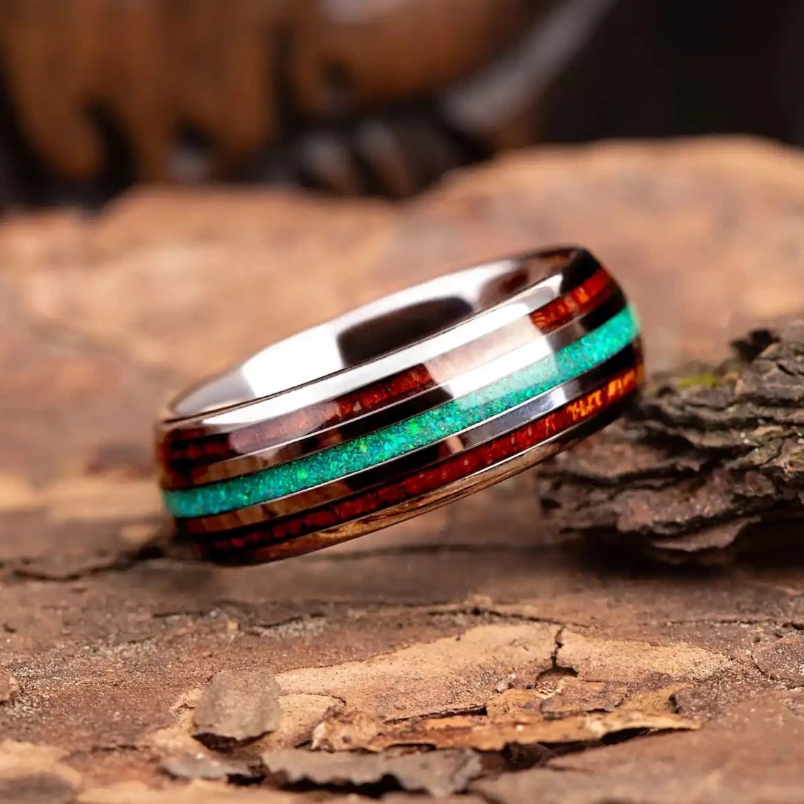 Silver tungsten ring with green opal and whiskey barrel