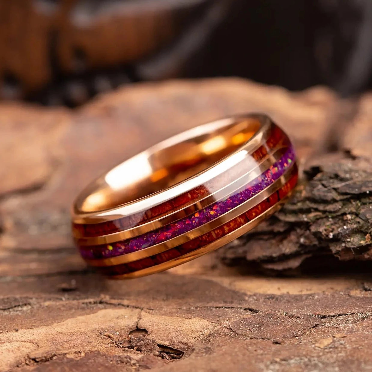 Gold tungsten ring with hawaii wood and red opal