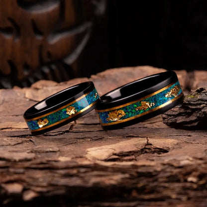 Black polished tungsten ring set for couples with malachite and gold