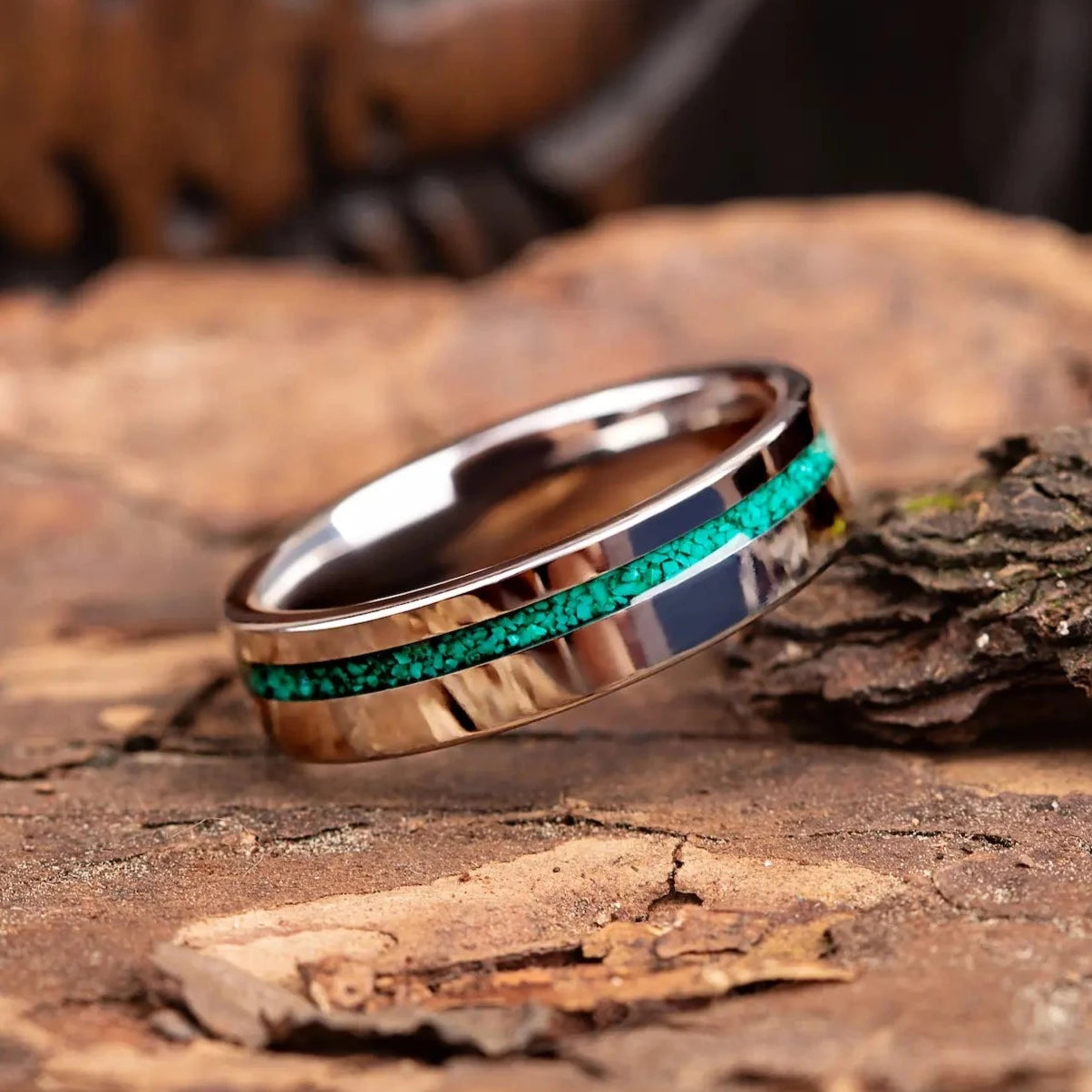 6mm silver tungsten ring with malachite