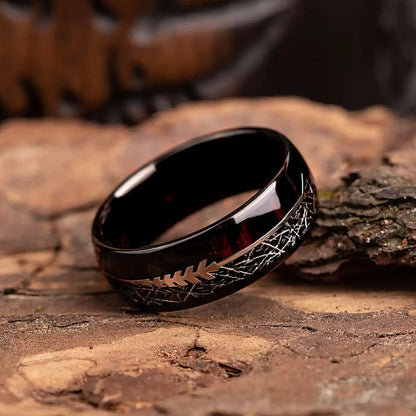 Black tungsten ring with meteorite, rosewood and arrow sign