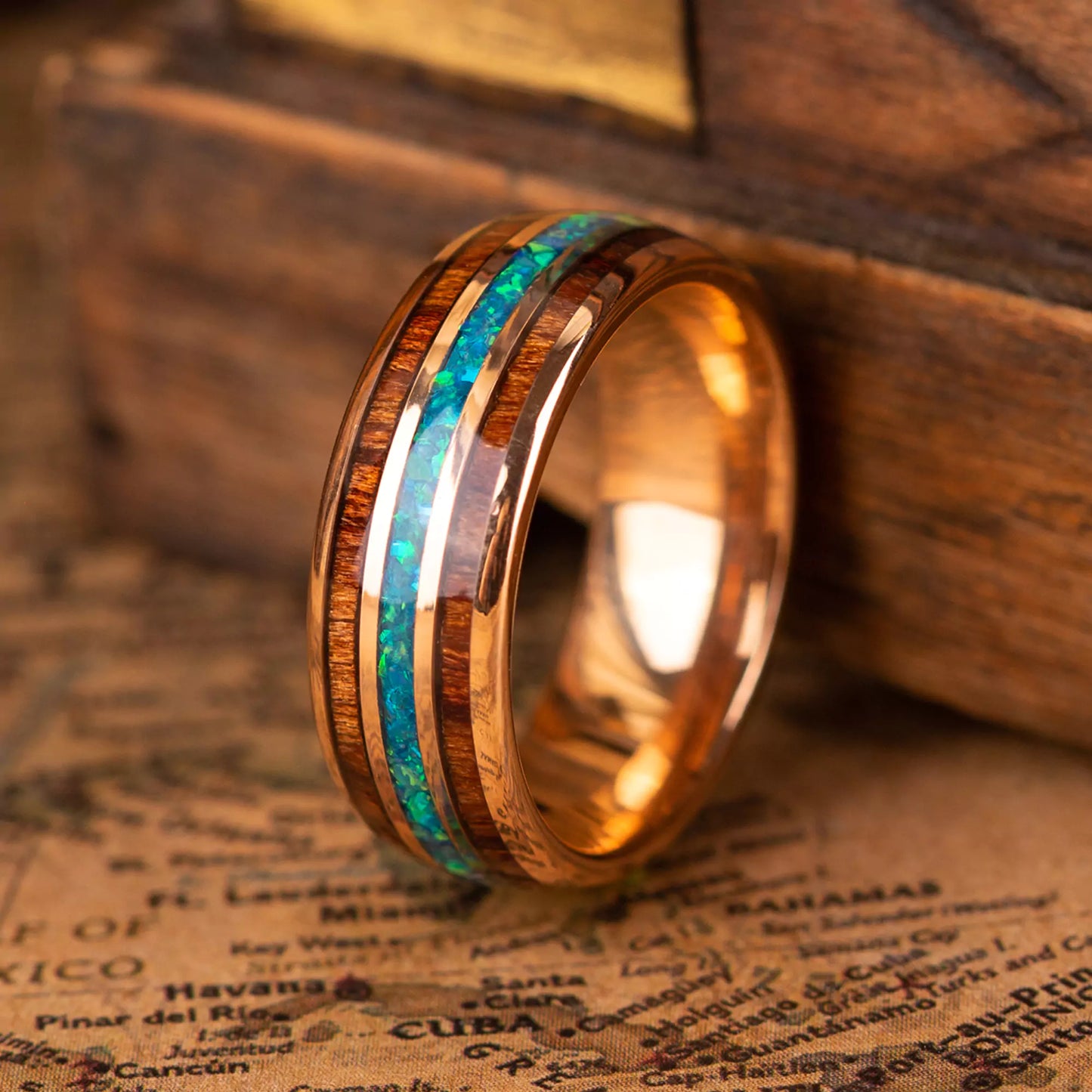 Ring made of hawaii Koa Wood, Opal and Tungsten