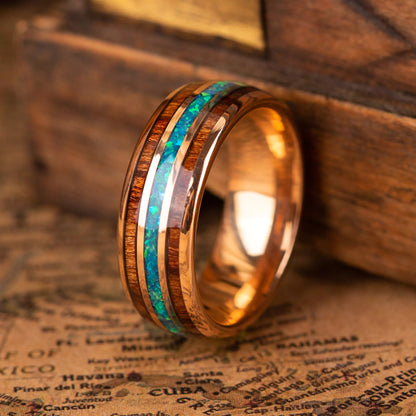 Ring made of hawaii Koa Wood, Opal and Tungsten