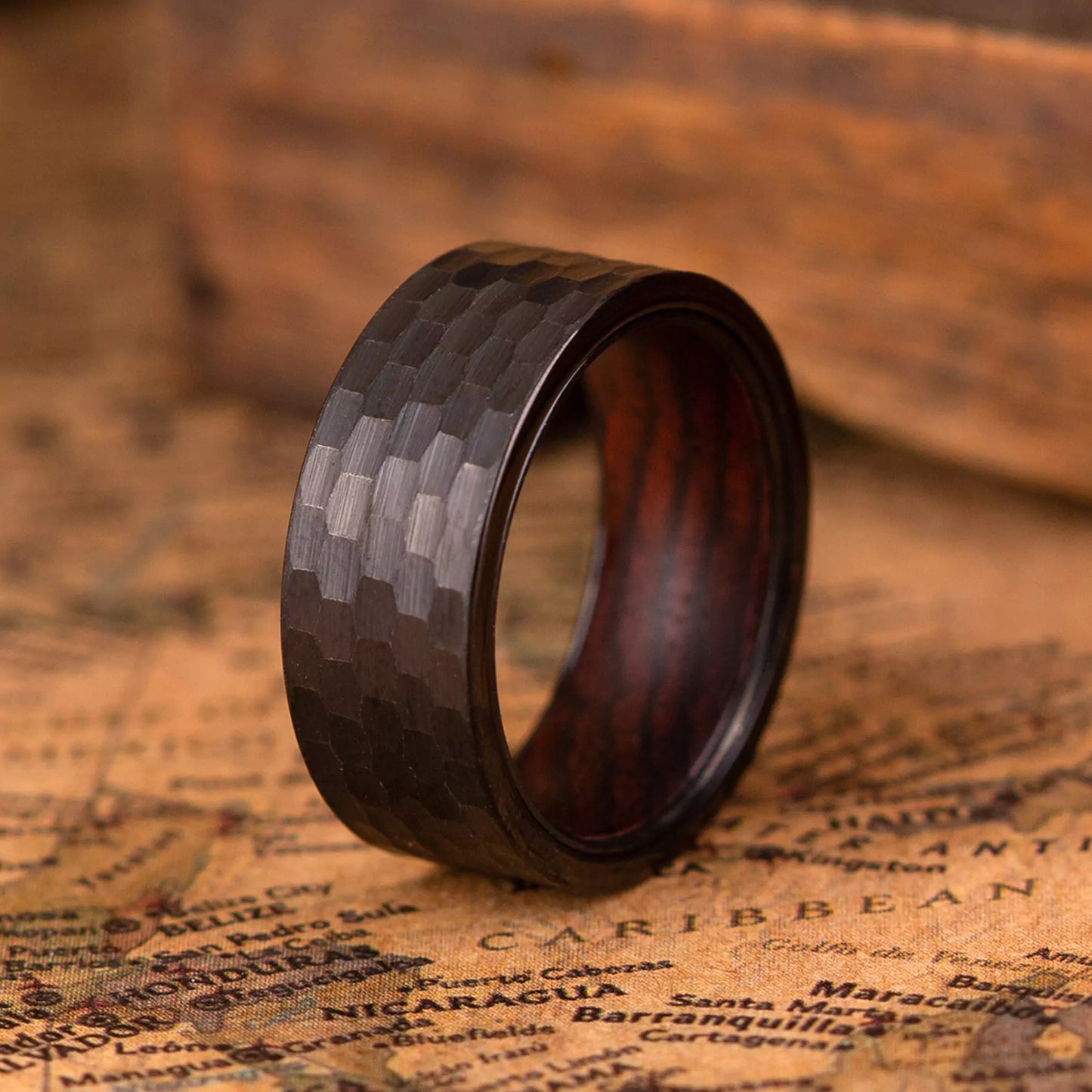 Ring made of a Rose Wood - inside layer, Hammered tungsten - outside layer