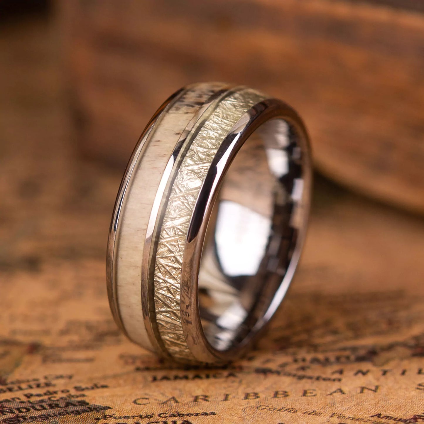 Handcrafted ring made of Meteorite, Antler and Tungsten