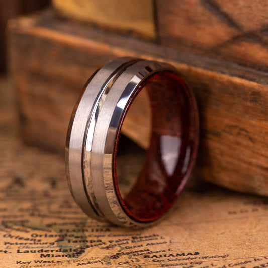 Ring is a handcrafted piece made of Mohogany wood and Tungsten